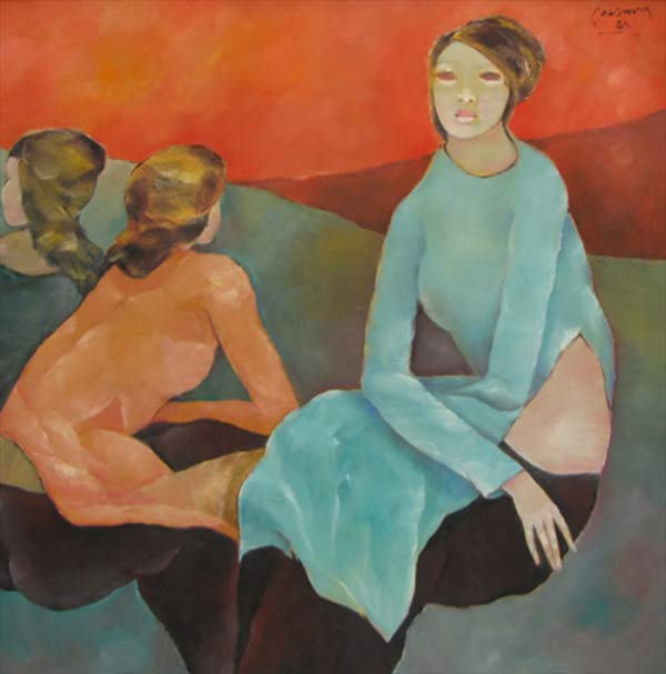 Sisters-confide-to-each-other-2-Oil-on-Canvas-painting-by-Vietnamese-Artist-Pham-Cung